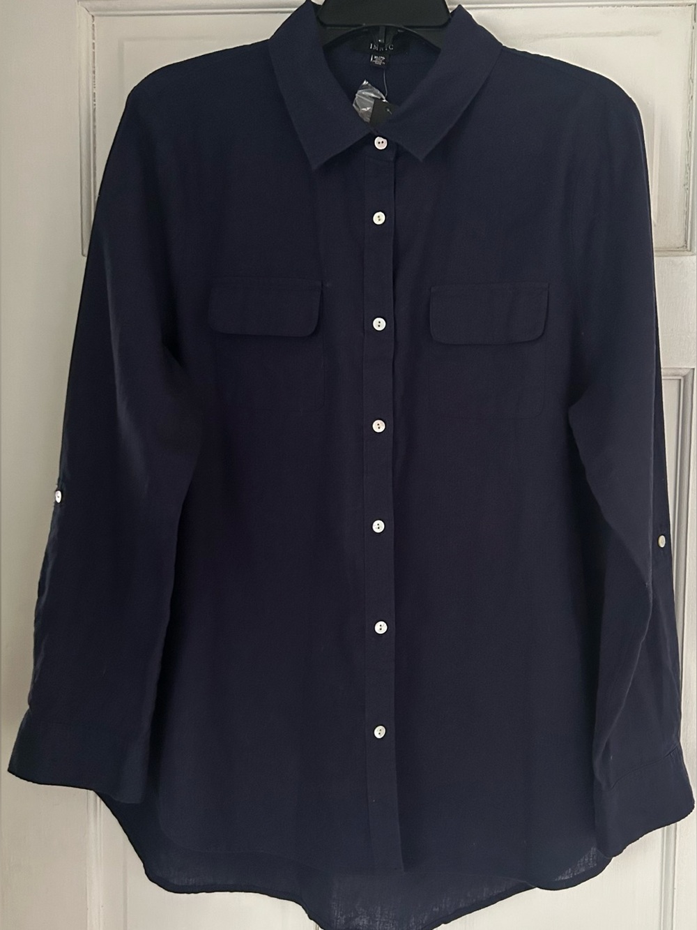 IMNYC Navy Blue Linen/Cotton Button Up Roll Tab Sleeve Blouse XL NWT